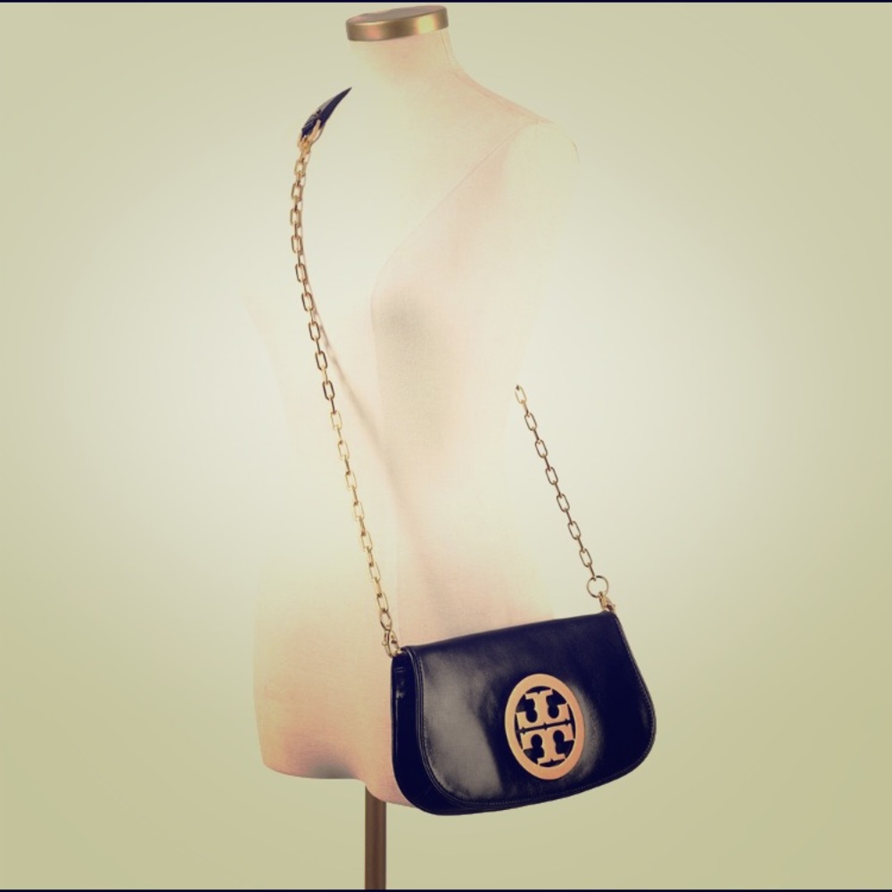 Tory Burch Logo 
 black gold crossbody/Clutch